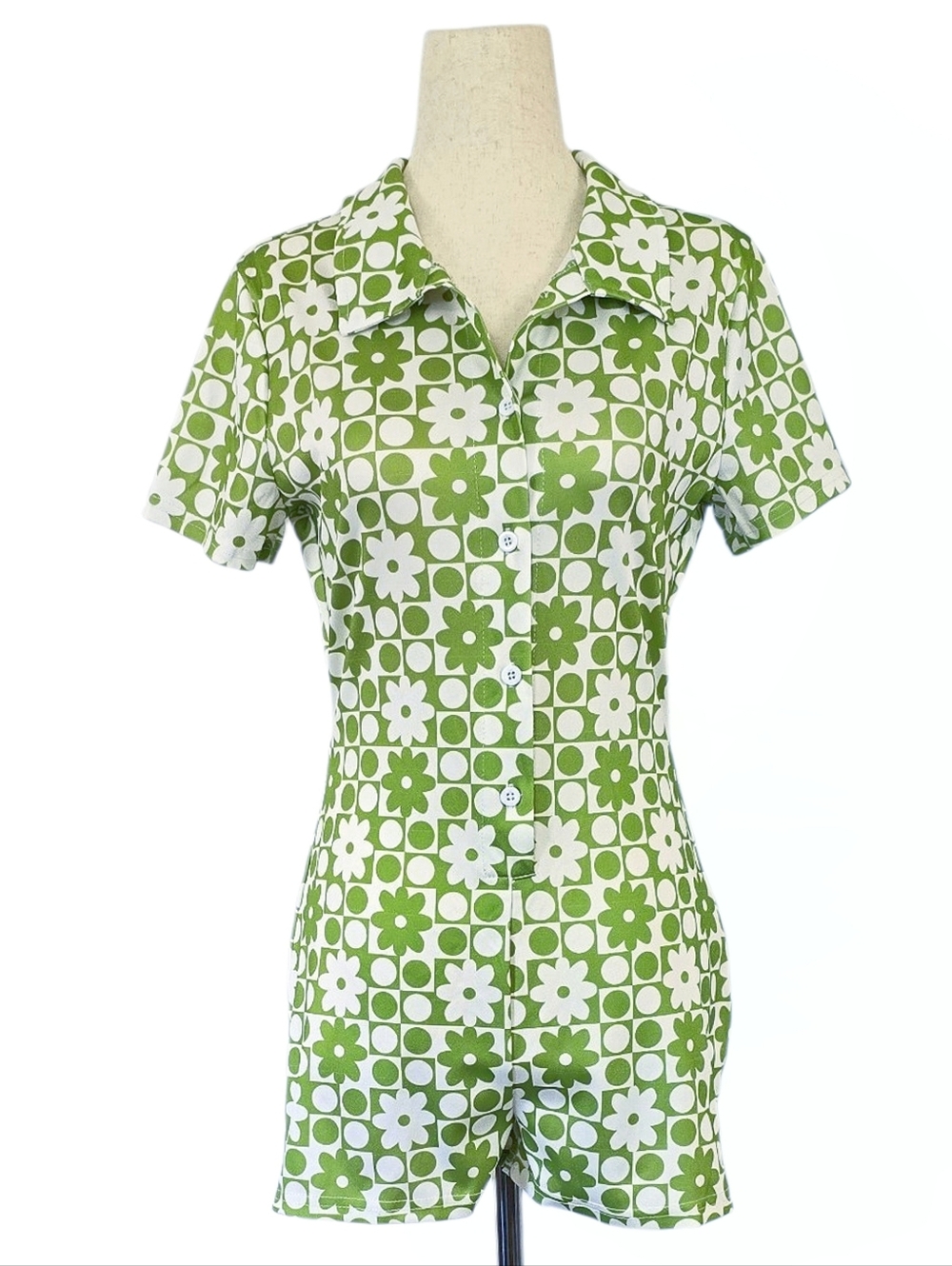 1960s Print Romper 60s Inspired Shorts Flower Power Green White XS Small Daisies